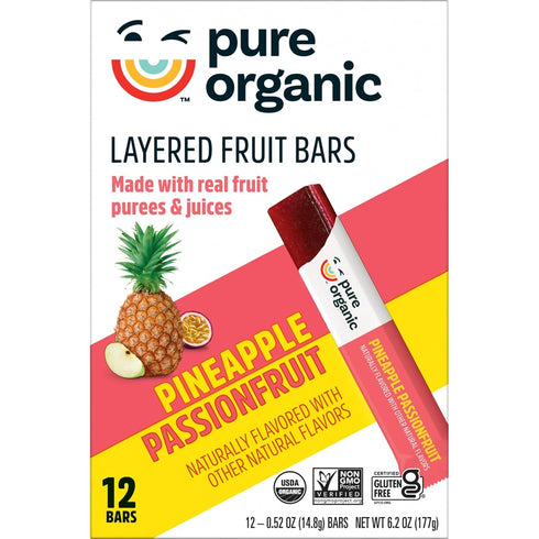 6.2oz (12 Count) Pure Organic, Layered Fruit Bars, Pineapple Passionfruit, Gluten Free and Vegan Fruit Snacks, Box
