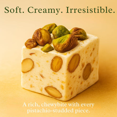 (7 Oz) ANDY ANAND CHOCOLATIER Gluten Free Roasted Pistachios Soft Nougat Brittle - Made in Europe Luxuriously Creamy