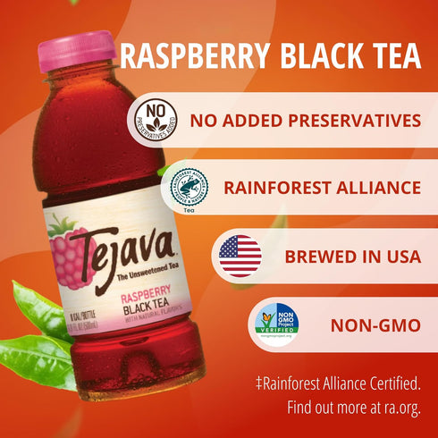 6 Pack 16.9 oz Tejava Raspberry Black Tea, PET, Unsweetened, Ready-to-Drink Premium Iced Tea
