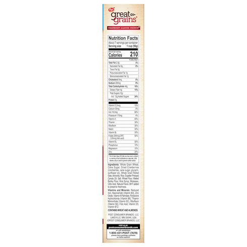Great Grains 14 OZ Cranberry Almond Crunch Breakfast Cereal for Adults, Dried Cranberries and Almonds, Made with Whole