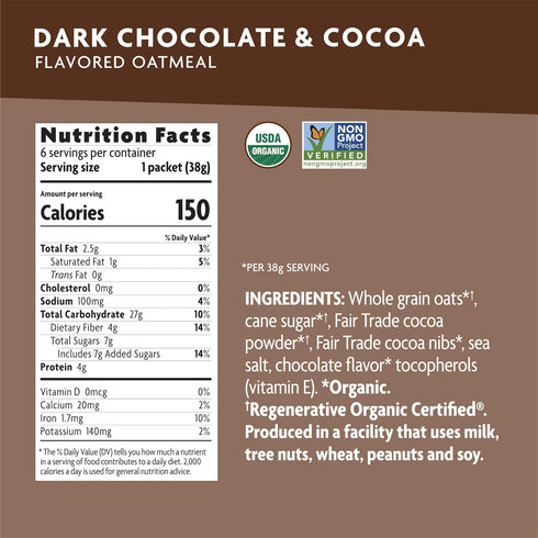 8 oz (Pack 1), Nature's Path Organic Regenerative Organic Certified Dark Chocolate & Cocoa Instant Oatmeal, of Non-GMO