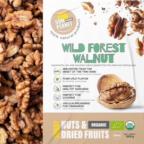 1.1 lb (500 Packed, SUN PLANET Walnut Halves, Raw Unsalted Shelled Walnuts Organic, g), Vacuum Fresh Nuts for Baking