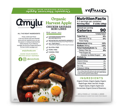 9g 9 oz Amylu Foods Organic Harvest Apple Breakfast Sausages, Natural Ingredients, of Protein, Chicken Raised with No