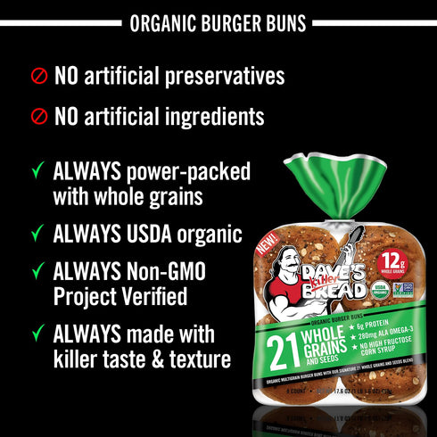 21 8 Count Dave's Killer Bread Whole Grains & Seeds Burger Buns, Organic Hamburger Buns