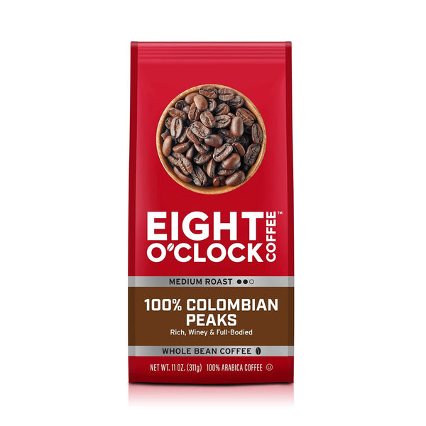Eight O'Clock Coffee 100% Colombian Peaks Whole Bean Coffee, Medium Roast, 11 Ounce (Pack of 1) - Rich, Winey, Full