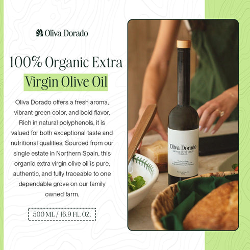 100% (500mL) Oliva Dorado Organic Extra Virgin Olive Oil, Unrefined & Cold Pressed, Made from Polyphenol Rich Arbequina