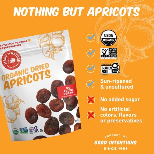 6 (Pack 6) Made In Nature Organic Dried Apricots, Ounce of Vegan Snack, Non-GMO, Unsulfured, Gluten Free, Kosher