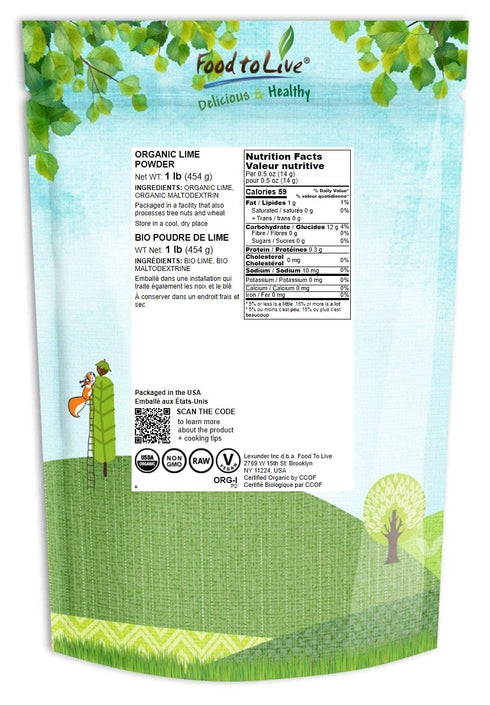1 Food to Live Organic Lime Powder, Pound Non-GMO, Unsulfured, Made from Raw Dried Citrus Fruit, Vegan, Bulk, Great