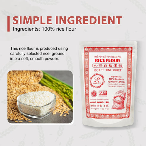 16 oz (1lb), Pack 1, Soeos Rice Flour, of Finely Milled Gluten-Free Rice Powder for Baking & Cooking, Ideal for Mochi