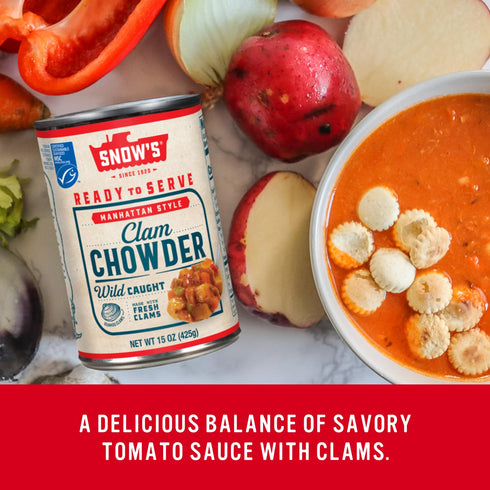 15 oz 11g (Pack 6) Snow's Manhattan Clam Chowder, Can - Protein per Serving - Ready-to-Serve Authentic Manhattan Style