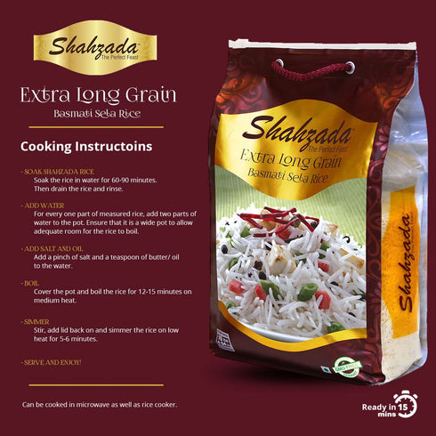 10 Lbs. Shahzada Basmati Sela Rice Extra Long Grain, Non-Sticky, Non GMO, Vegan, Gluten Free, No Cholesterol, Low