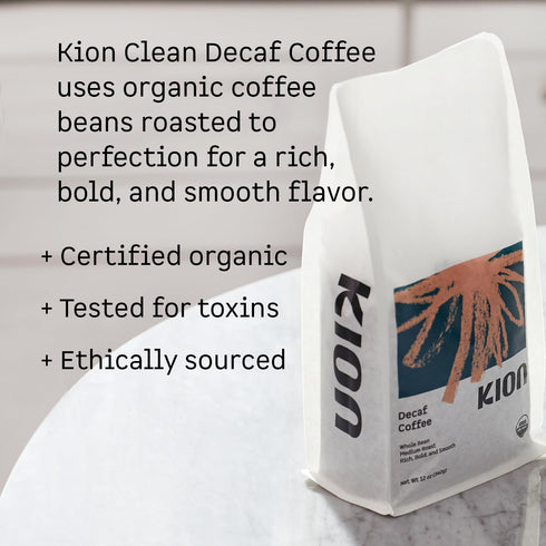 12 Oz (1 Pack) Kion Organic Decaf Whole Bean Coffee, Tested for Toxins, Ethically Sourced, Rich, Bold, and Smooth