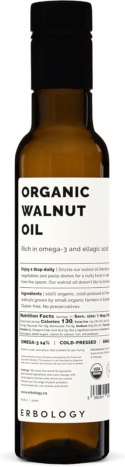 Erbology Organic Walnut Oil 8.5 fl oz - Cold-Pressed - Supports Cognitive