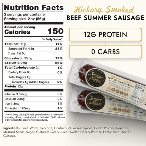 Summer 6 Oz (Pack 2) Schaller & Weber Hickory Smoked Beef Sausage, of | Ready to Eat German Smoked Sausage Meat Snack
