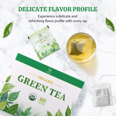 100 (Pack 1), 6.3 Soeos Organic Green Tea, Tea Bags of Caffeinated, Low Caffeine, Fresh and Healthy Green Tea, Ounce