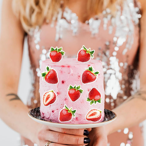 45PCS Edible Strawberry Cupcake Toppers Wafer Paper Starwberry Cake Decoration Sweet Berry Strawberry Happy Birthday