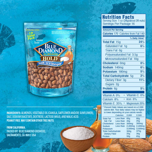 16 Oz (Pack 1) Blue Diamond Almonds Salt N' Vinegar Flavored Snack Nuts, Resealable Bag