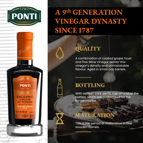 8.5Fl.Oz Ponti Rich & Creamy Balsamic Vinegar of Modena - Made for Rich Density and Lingering Flavor - Delizioso Paired