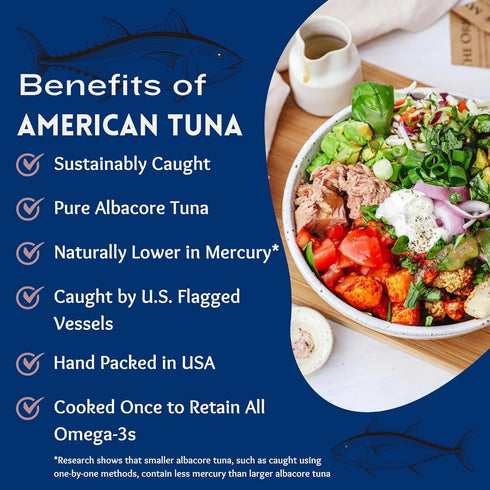 Albacore (6) 3.5 oz Omega-3s Hand-Packed Genuine American Tuna - Premium Wild Pacific Tuna Fillets - with Sea Salt |
