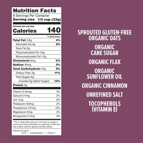 (11 oz. 6 pack) One Degree Organic Foods Sprouted Oat Cinnamon Flax Gluten Free Granola - USDA Organic, Vegan