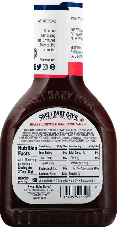 (18 (Pack 2)) Sweet Baby Ray's Honey Chipotle Barbecue Sauce Ounce
