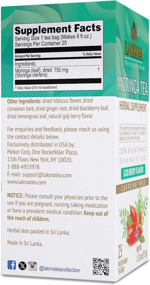 Lakma Moringa Oleifera Tea with Goji Berry, 25 Tea Bags