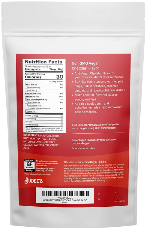 1.5lb (24oz) 100% Judees Vegan Cheddar Flavor Powder - Non-GMO, Vegan, Gluten-Free & Nut-Free - Great Dairy Cheese