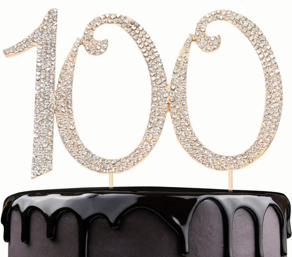 100 Years Birthday Cake Topper, Crystal Rhinestone 100th Wedding Anniversary or 100 Years Old Party Decoration Gold