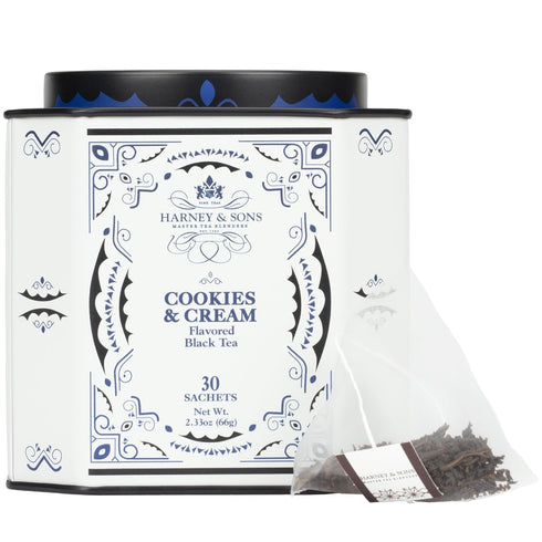 30ct count Harney & Sons Cookies & Cream Tea, tin, Black tea with Vanilla and Chocolate Flavors