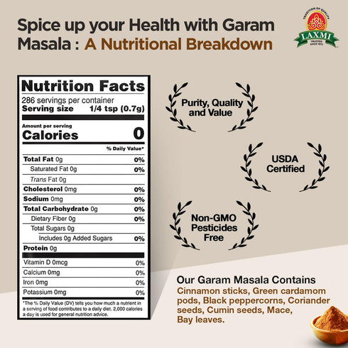 Laxmi Garam Masala 7 Oz (200gm) - Aromatic Blend of Salt-Free Seasonings and Spices, Non-GMO