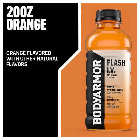 20 Oz (Pack 12) BODYARMOR Flash I.V. Electrolyte Beverage, Orange, Hydration Drink with Coconut Water For Rapid