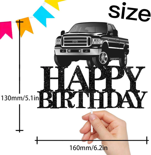 Pickup Truck Cake Topper, Happy Birthday Theme Black Glitter Decor Picks for Kids Adult Birthday Party