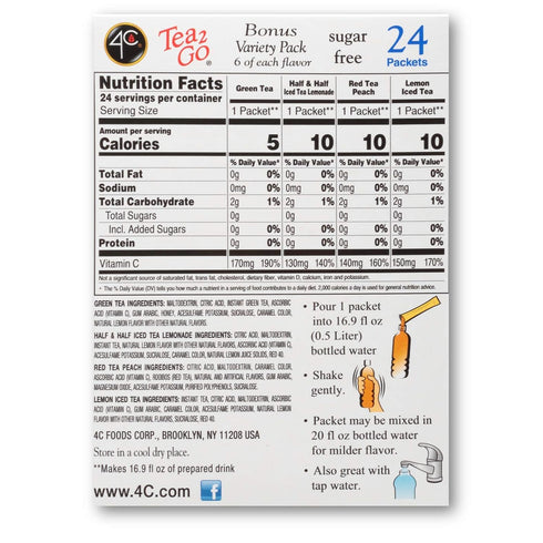 4C Packets, 1 Pack, 24 Count, Powder Drink Mix Iced Tea Variety Singles Stix On the Go, Refreshing Sugar Free Water
