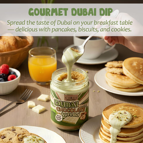 9.7 oz Dubai Spreadable White Chocolate Pistachio Spread with Roasted Phyllo, Gourmet Breakfast Chocolate