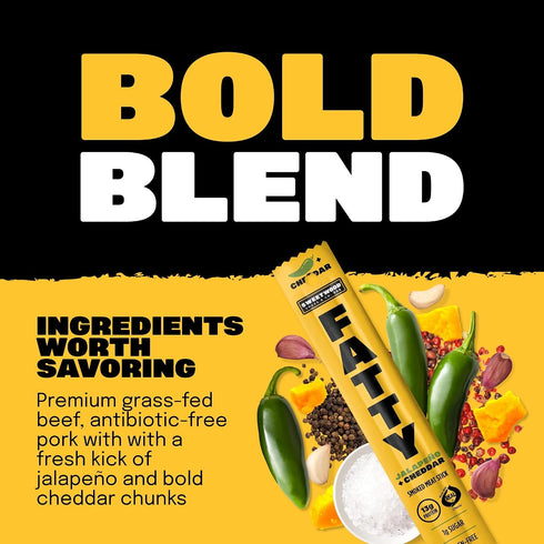 13g 2 oz. FATTY Meat Sticks, Pork Raised Without Antibiotics, Grass-Fed Beef, Protein Per Stick, Jalapeno Cheddar