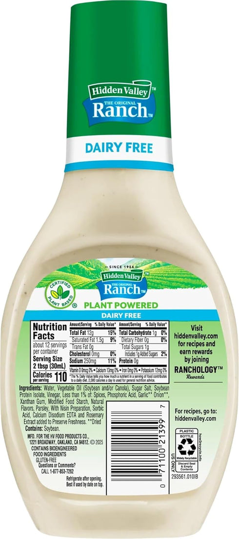 12 (Package Hidden Valley The Original Ranch Plant Powered Dairy Free Ranch Salad Dressing and Topping, Fluid Ounces