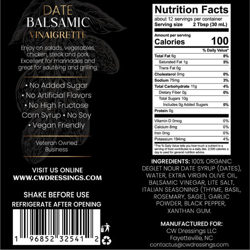 12 Oz CW Dressings - Award-Winning Date Balsamic Vinaigrette Marinade & Salad Dressing Made w/Deglet Nour Date Syrup
