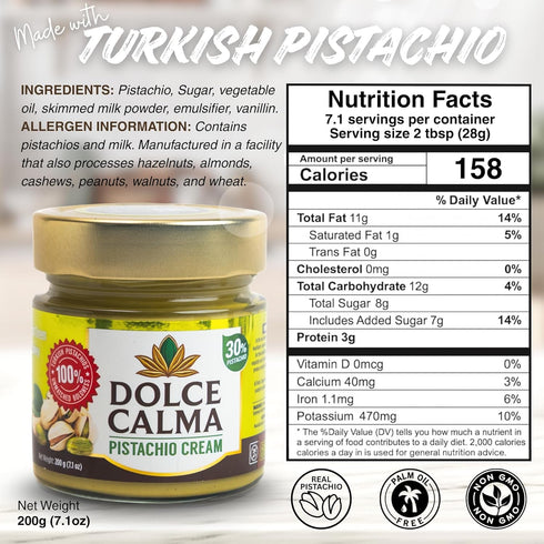 200g (7oz) Dolce Calma Turkish Pistachio Cream Spread Smooth & Rich, Glass Jar, for Dubai Chocolate, Stuffed Cookies