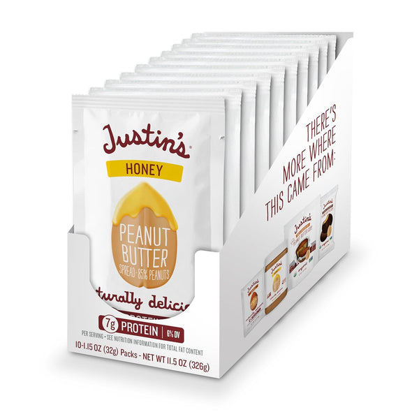 Justin's Honey Peanut Butter Squeeze Packs, Gluten-Free, Non-GMO, Pack of 10 (1.15oz each)