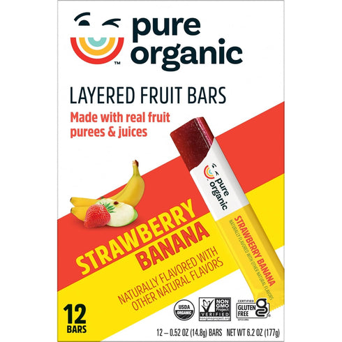 6.2oz (12 Count) Pure Organic, Layered Fruit Bars, Strawberry Banana, Gluten Free and Vegan Fruit Snacks, Box