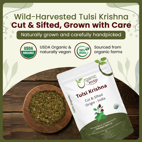 (1LBS 16Oz) Organic Way Tulsi/Holy Basil (Krishna) Cut & Sifted (Ocimum Tenuiflorum) - Herbal Tea | Organic & Kosher
