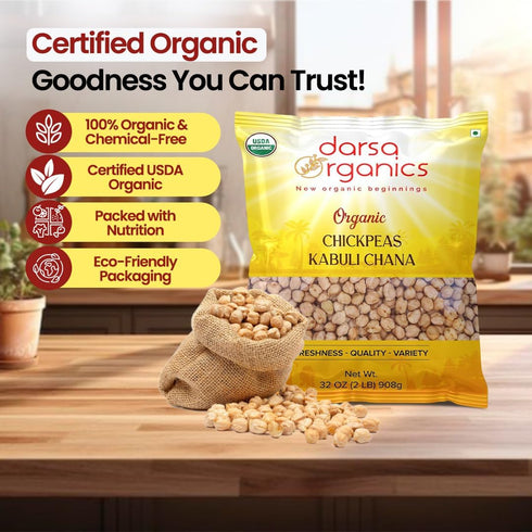 2lbs, Hummus Pack Darsa Organics Garbanzo Beans Chickpeas USDA Organic certified dried Chick peas for and Curries