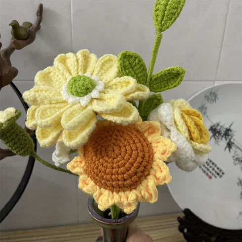 Completed Crochet Flowers Bouquet,Handmade Artificial Flowers Bouquet,Crochet Knitted Gerbera for Thanksgiving Mother's
