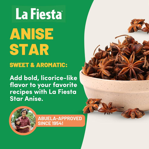 0.625 oz 1954 La Fiesta Star Anise, Whole Bag Sweet, Aromatic Spice for Latin Dishes, Desserts, and Teas Trusted Since