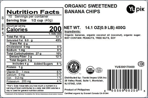 14.1 Oz, Yupik Organic Sweetened Dried Banana Chips, Gluten-Free, Kosher, Non-GMO, Vegan, Sliced Dried Fruits, Lightly