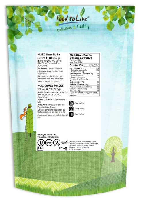 8 Food to Live - Mixed Raw Nuts, Ounces Cashews, Brazil Nuts, Walnuts, Almonds, Unsalted, Raw, Kosher, Vegan, Bulk