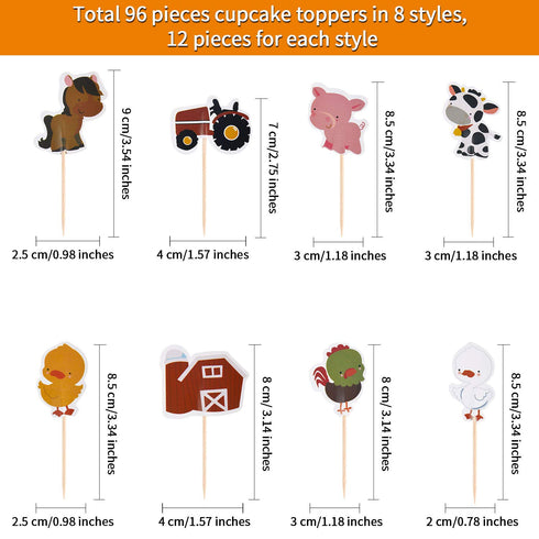 96 Pieces Farm Animal Cupcake Toppers, Chicken Duck Goose Cow Pig Tractor Horse Picks for Baby Shower Birthday Party.