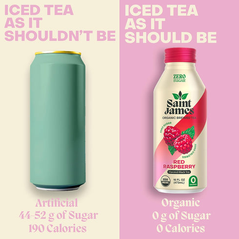 12 Pack (16 oz Saint James Iced Tea - Organic Black Tea - Non-GMO, Gluten Free, Zero Calorie, Zero Sugar - Red