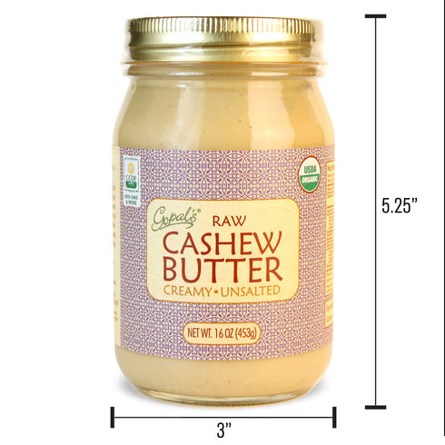 Gopal's 16 (456 Organic RAW Cashew Butter, USDA Organic and Gluten-Free, Creamy and Unsalted, Ounce Grams) Glass Jar