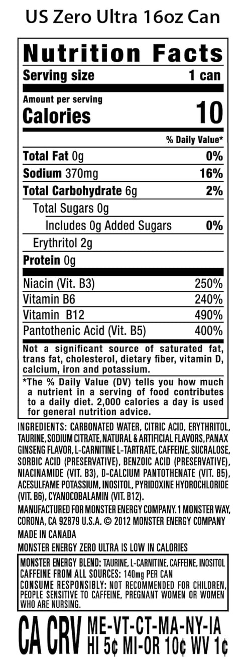 16 Pack 15 Monster Energy Zero Ultra, Sugar Free Energy Drink, Ounce |